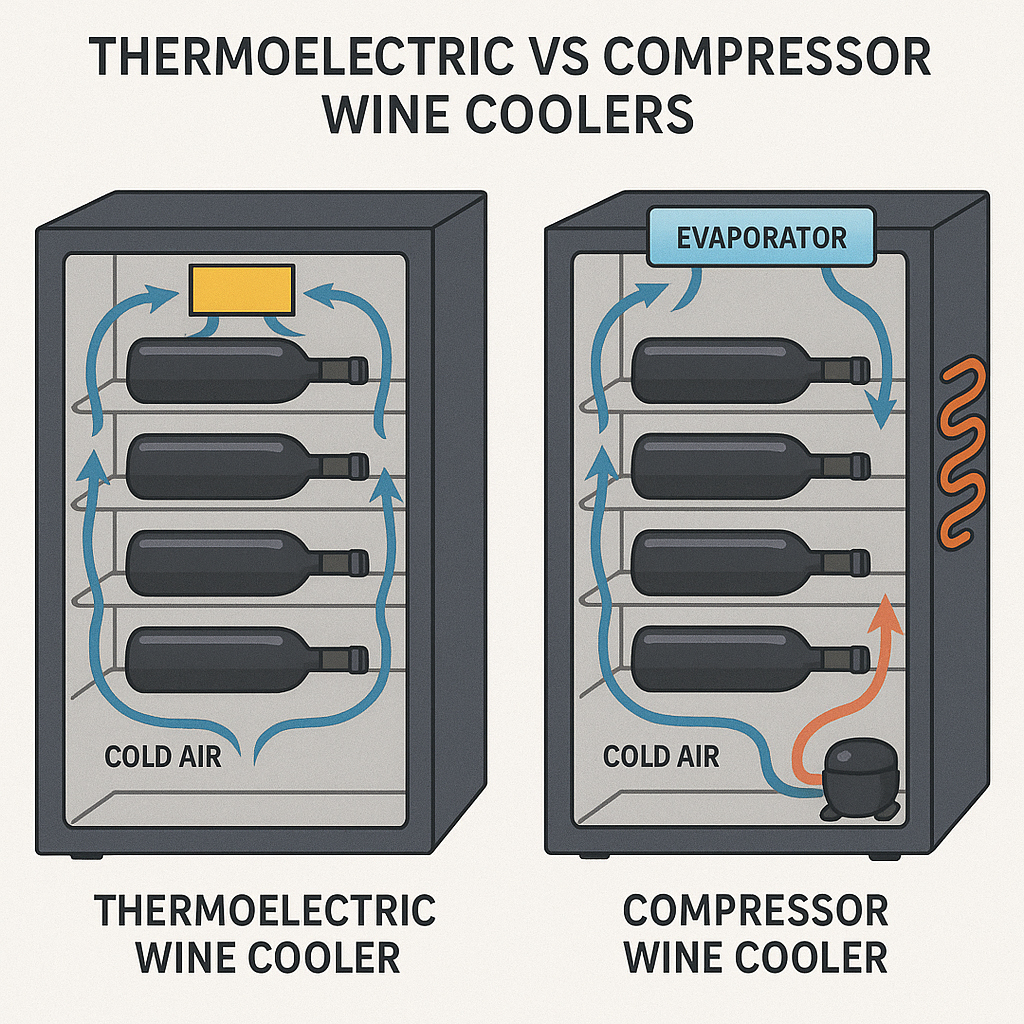 Thermoelectric or compressor-based cooling technology wine coolers.