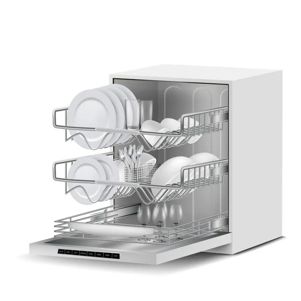 Vector 3d realistic white dishwasher machine with three metal racks, filled with clean plates, glasses, cups, cutlery, side view isolated on background. Modern household appliance for washing dishes