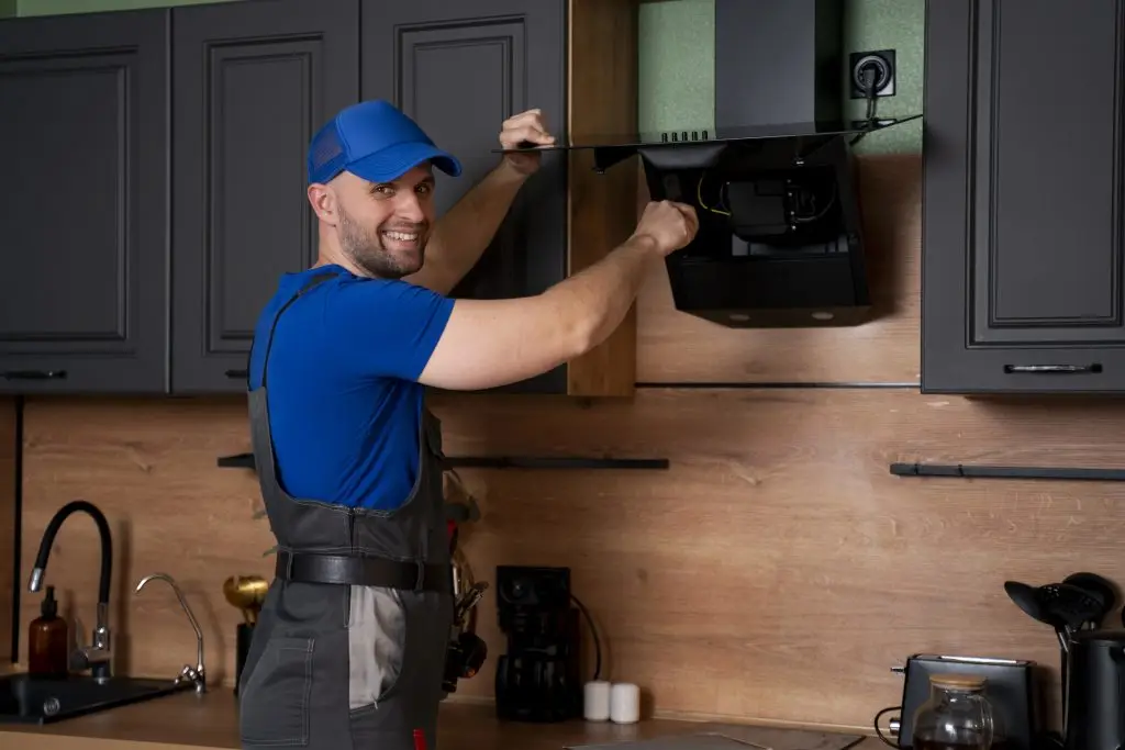 Handyman in uniform, installs or repairs a kitchen hood, replaces the filter in the hood. Construction, maintenance and repair