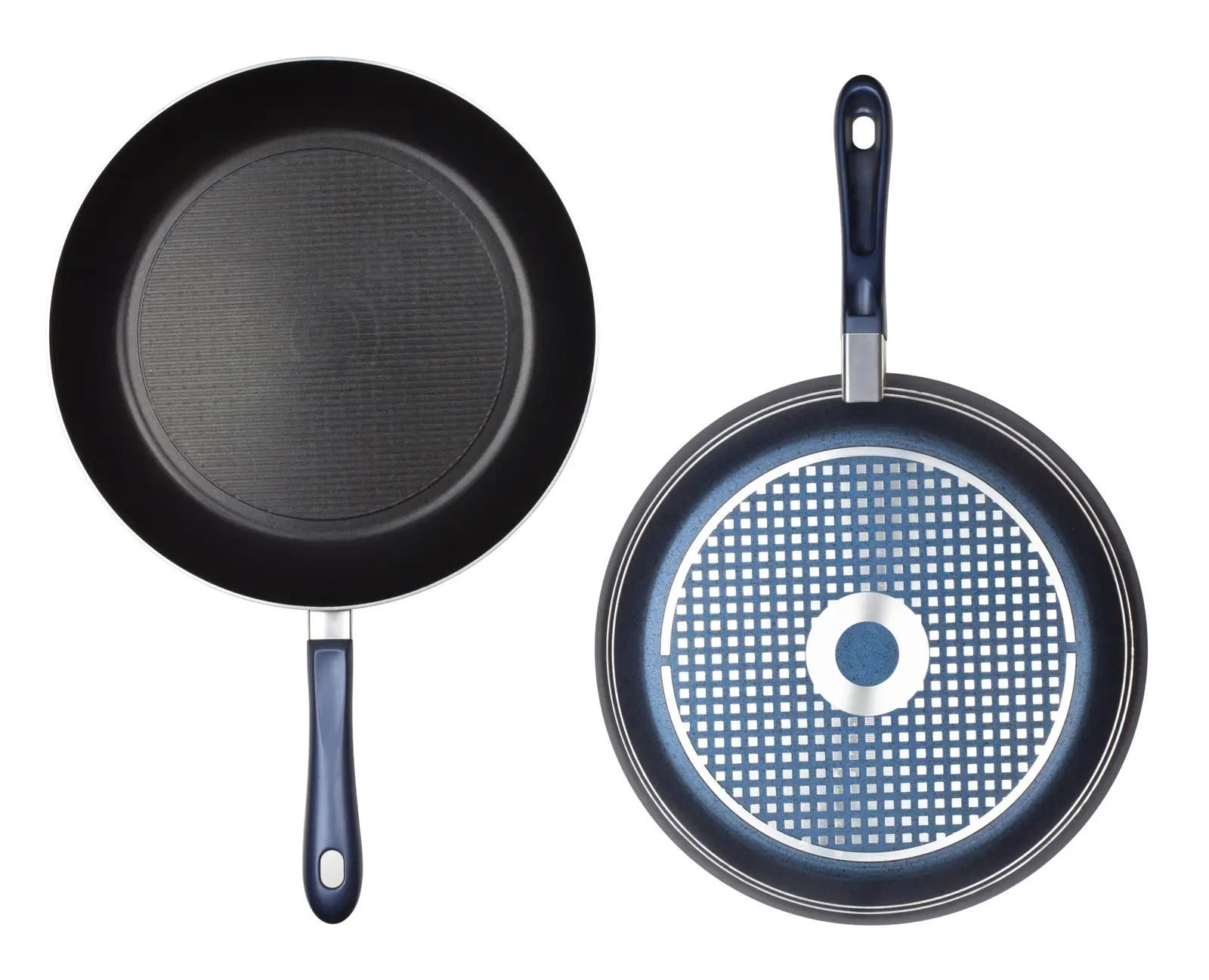 A selection of frying pans isolated on a white background — showing different base constructions for induction compatibility comparison