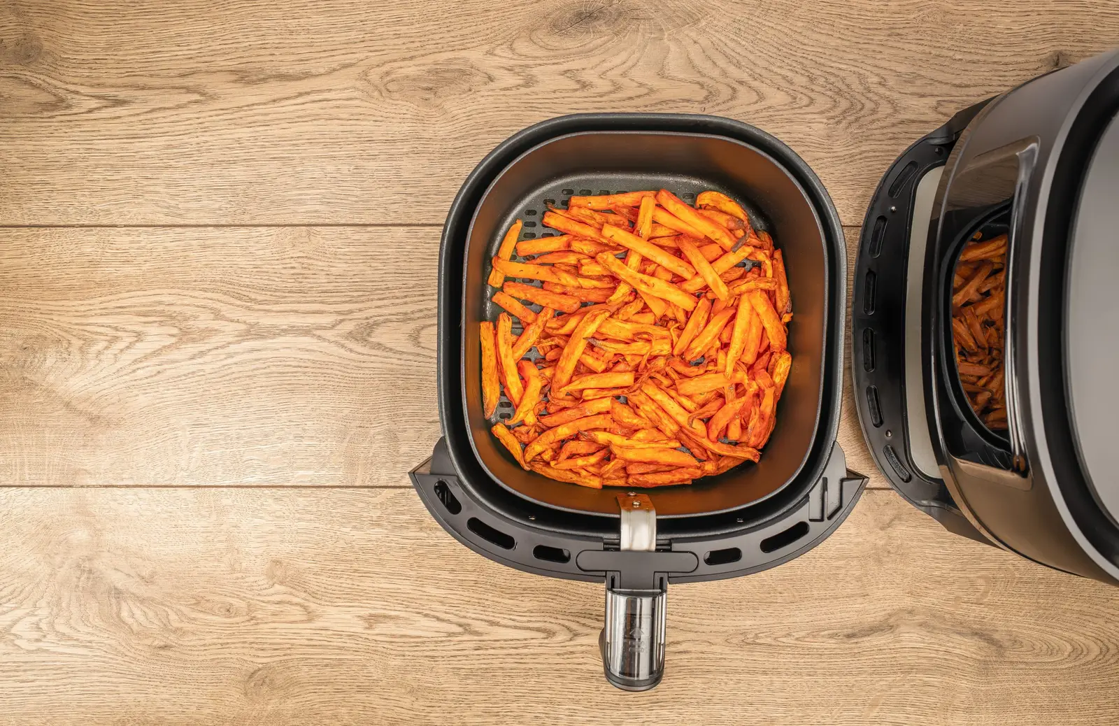 Homemade sweet potato fries roasted in an air fryer — crispy results in around 15 minutes with no preheat