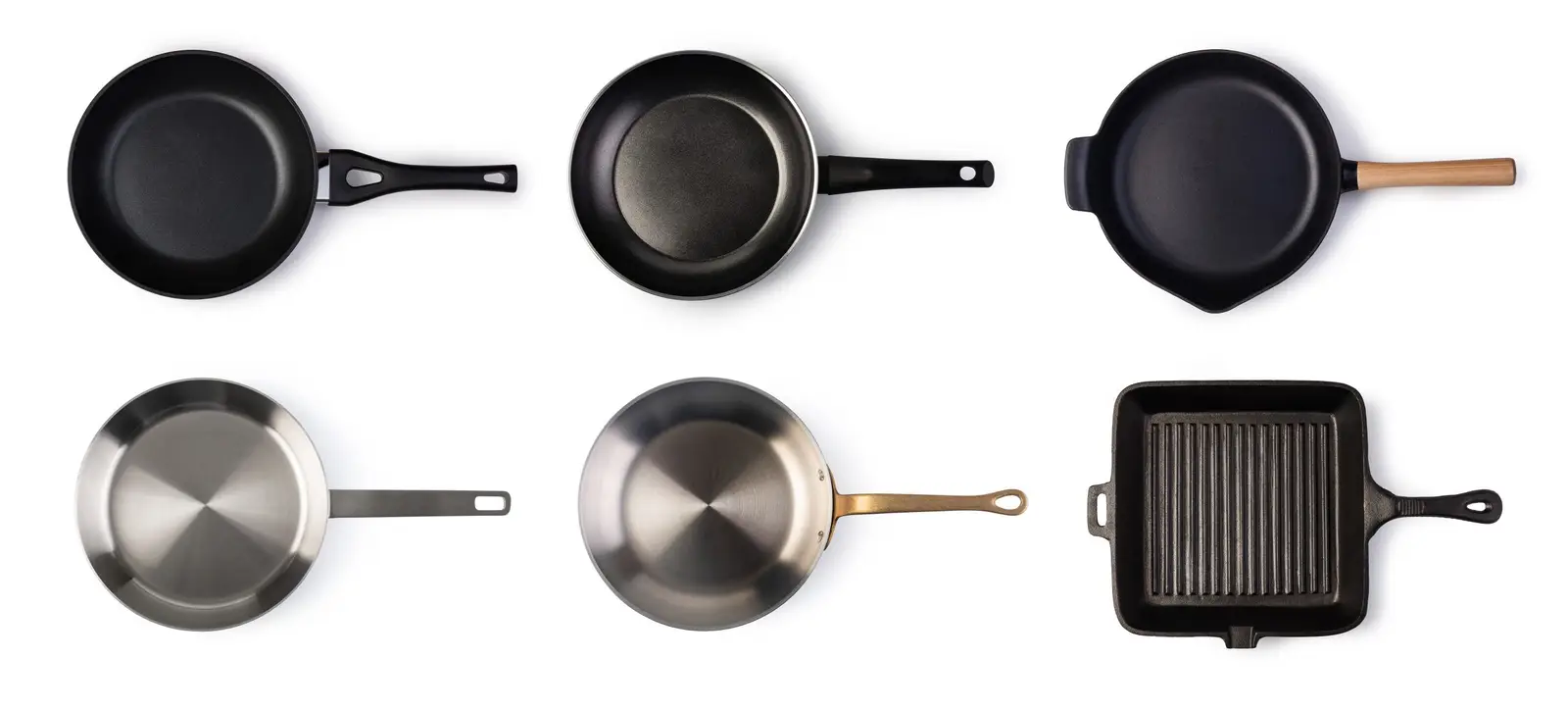 Various skillets and pans including cast iron, stainless steel, carbon steel, and aluminium on a white background