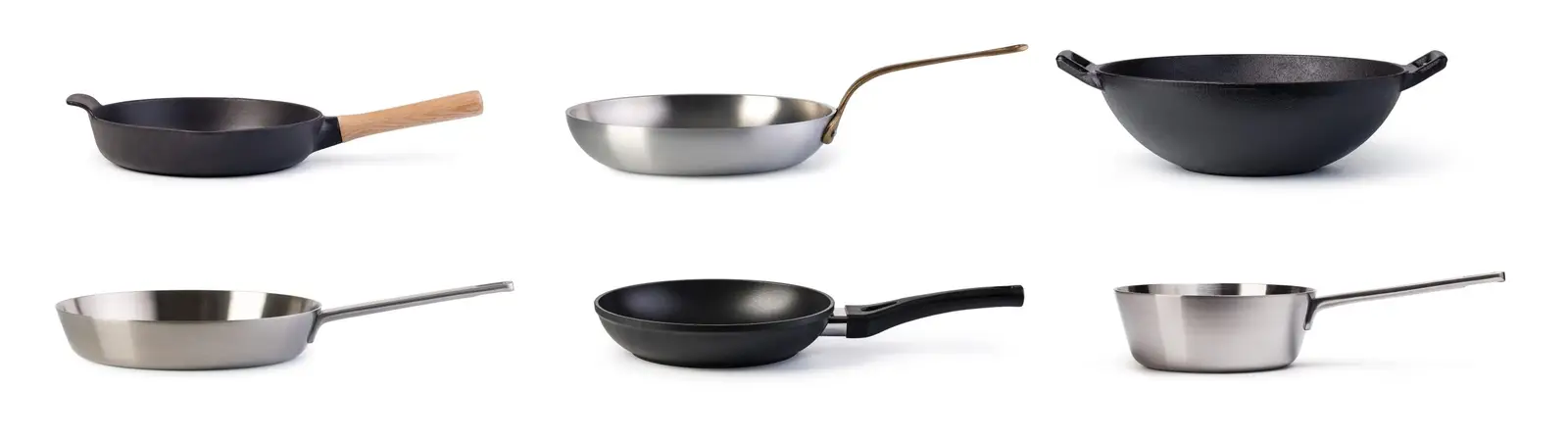 Assortment of cookware including frying pans, saucepans and casserole dishes on a white background